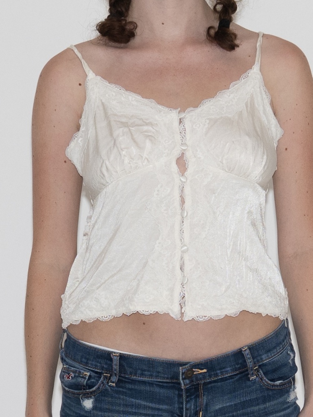 Y2k satin button up tank top lace trim size medium Shyanne